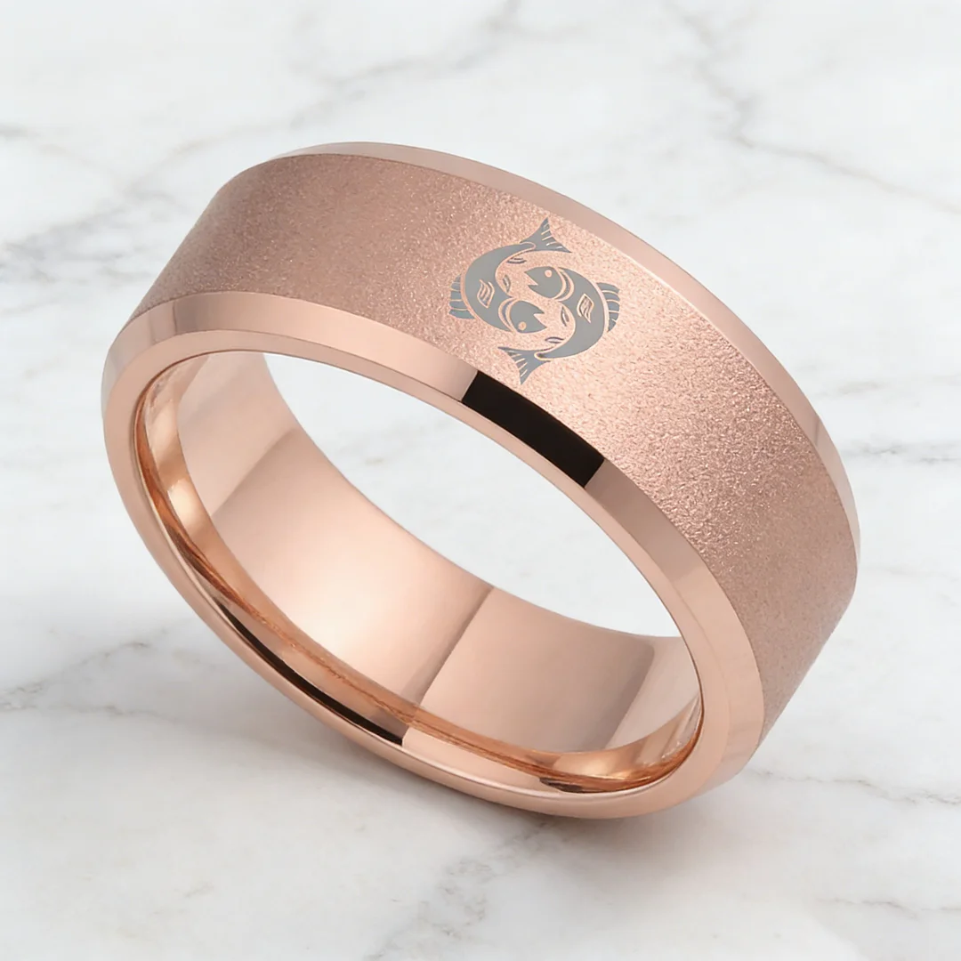 Mens Womens Rose Gold Pisces Tungsten Carbide Bands Rose Gold Edges and Laser Etched Wedding Rings Comfort Fit 4MM 6MM 8MM Width