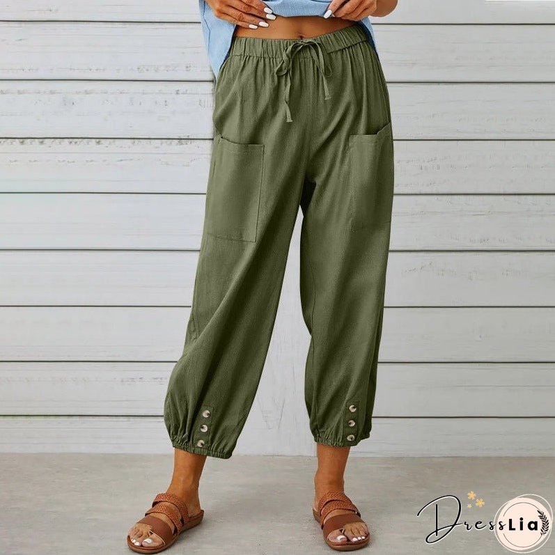 Women's High Waist Button Cotton Linen Trousers Pants