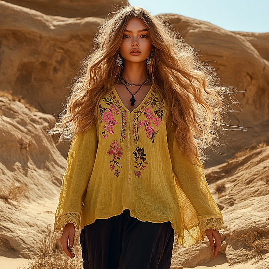 Utbros Vintage Holiday Bohemian Style Linen V Neck Long Sleeve Shirt