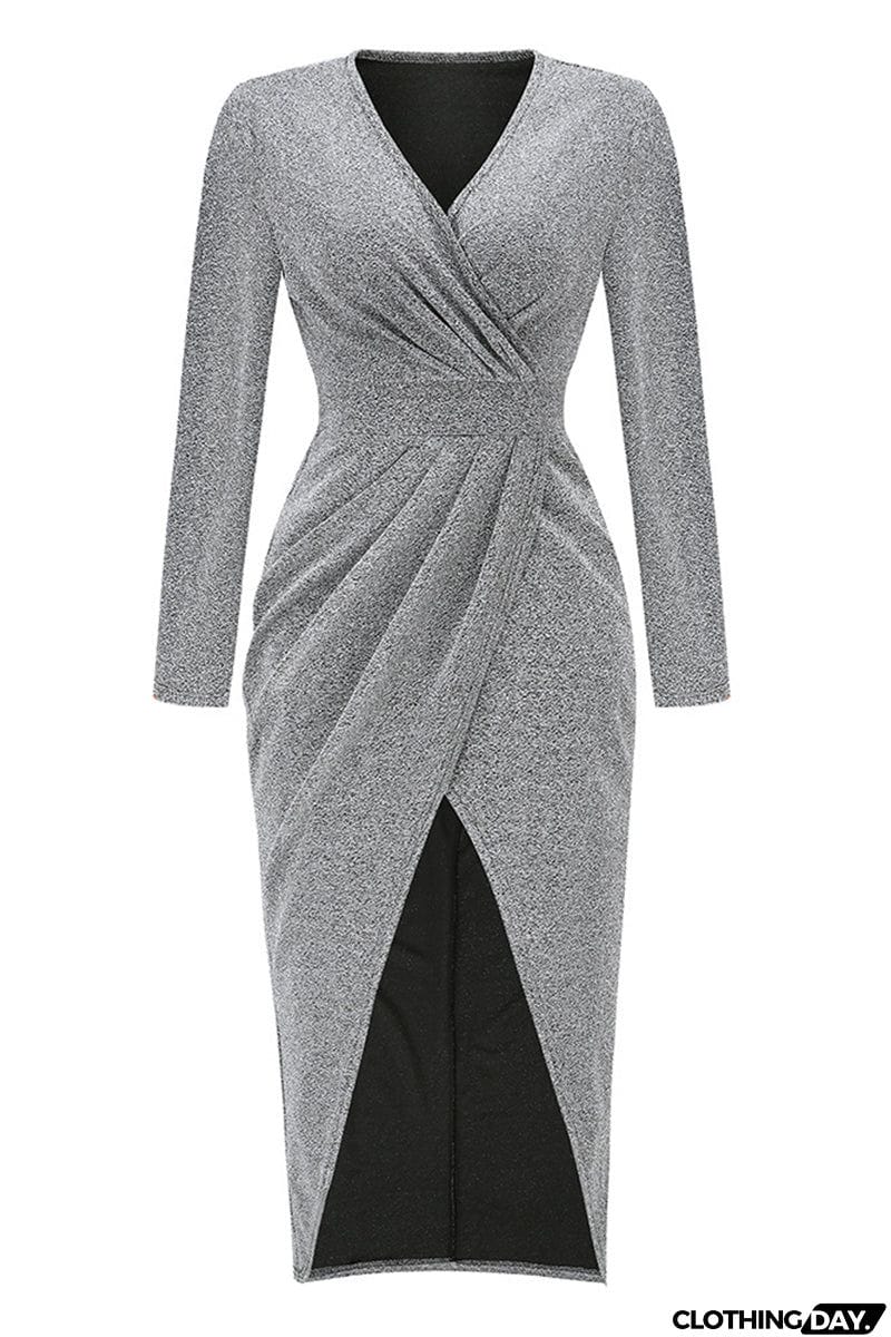 Sweet Elegant Solid Bronzing Sequins V Neck One Step Skirt Dresses(3 Colors)