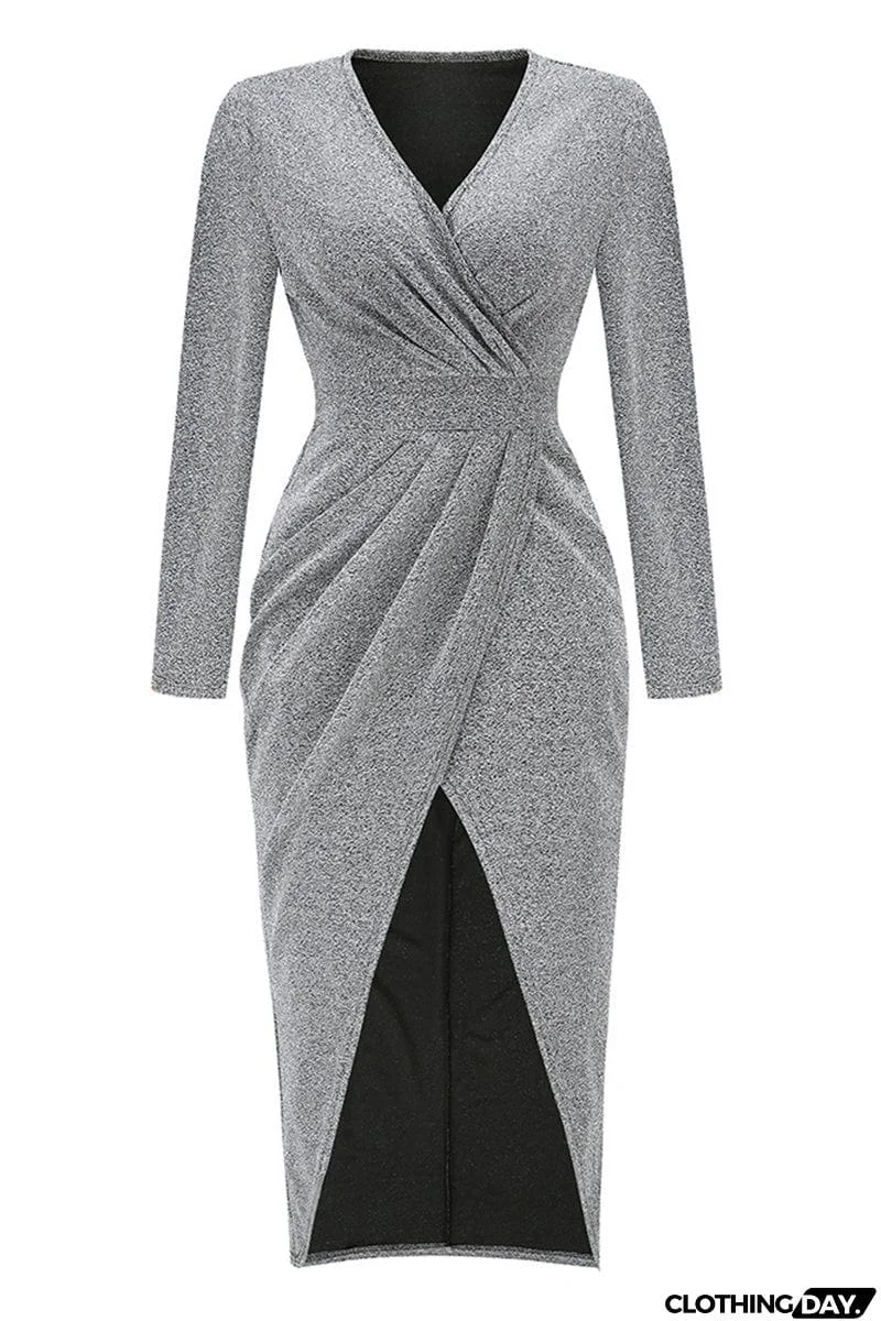 Sweet Elegant Solid Bronzing Sequins V Neck One Step Skirt Dresses(3 Colors)