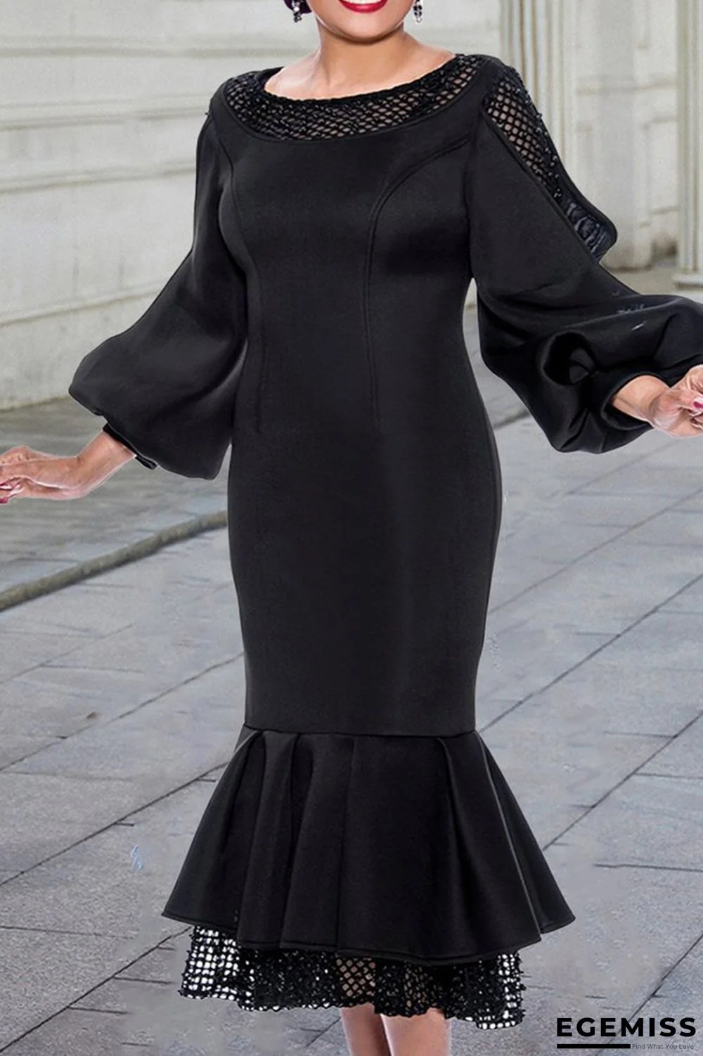 Black Fashion Patchwork Solid Hollowed Out See-through O Neck Long Sleeve Dresses | EGEMISS