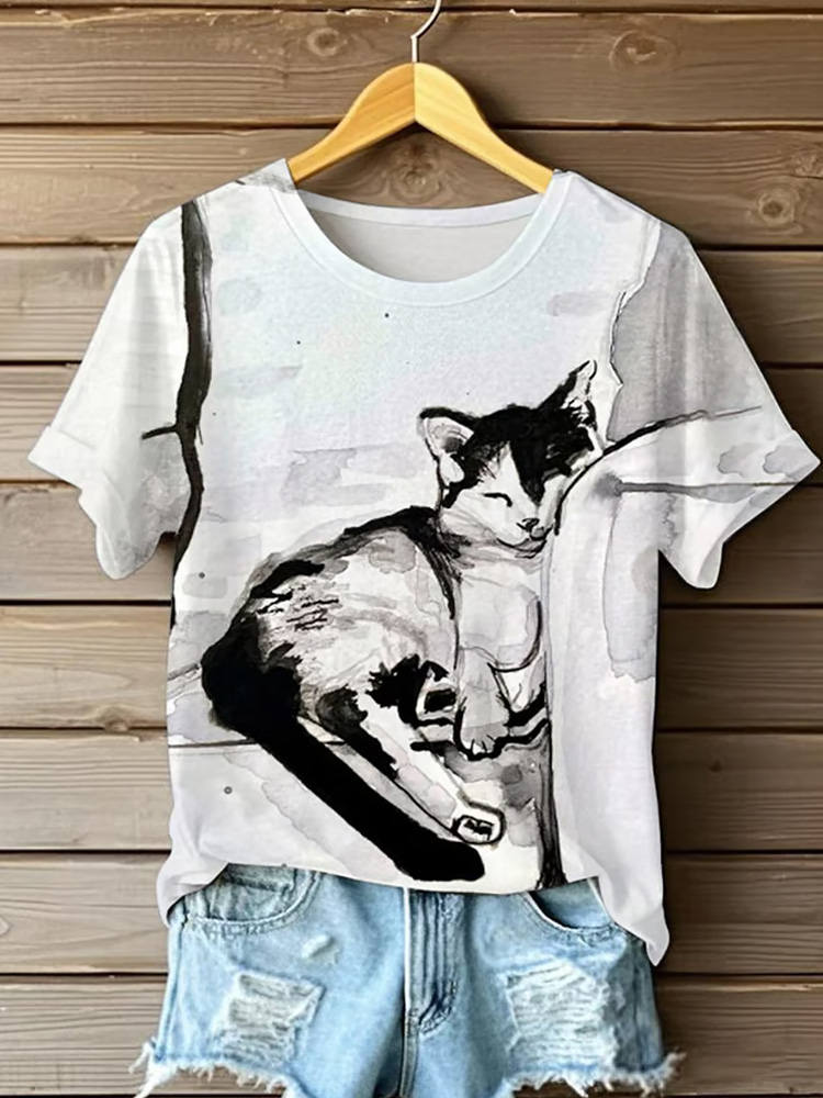 Women's Cute Animal Cat Ink Painting Pattern Print Round Neck T-shirt wearshes
