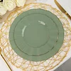 10 Pack | 9" Dusty Sage Hard Plastic Dinner Plates with Gold Ruffled Rim, Heavy Duty Disposable Dinnerware