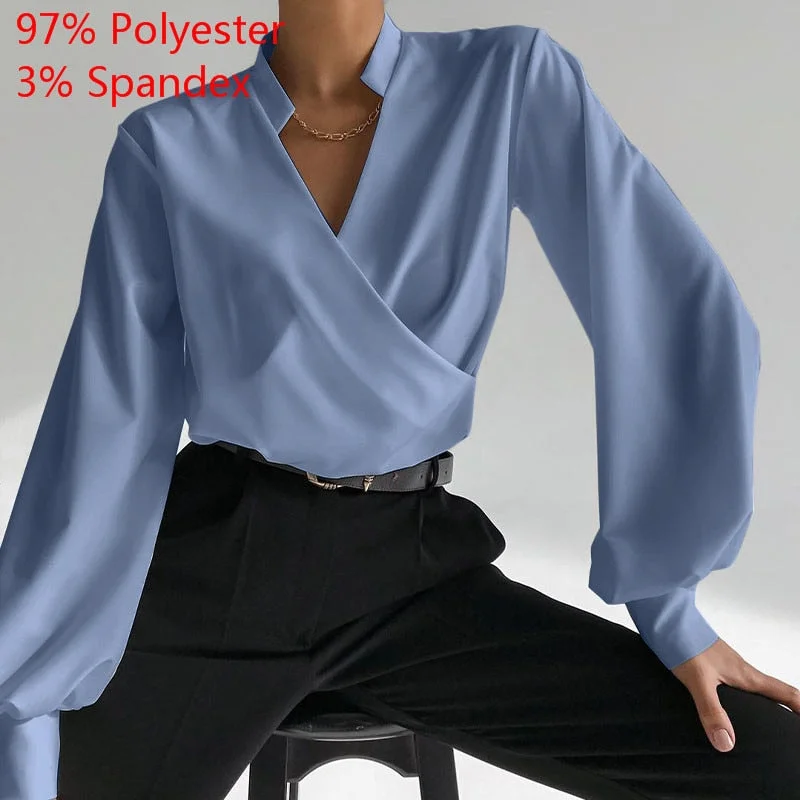 Celmia 2021 Autumn Elegant Blouse Women Sexy V Neck Long Lantern Sleeve Shirt Solid Casual Irregular Hem Tops Tunic Streetwear