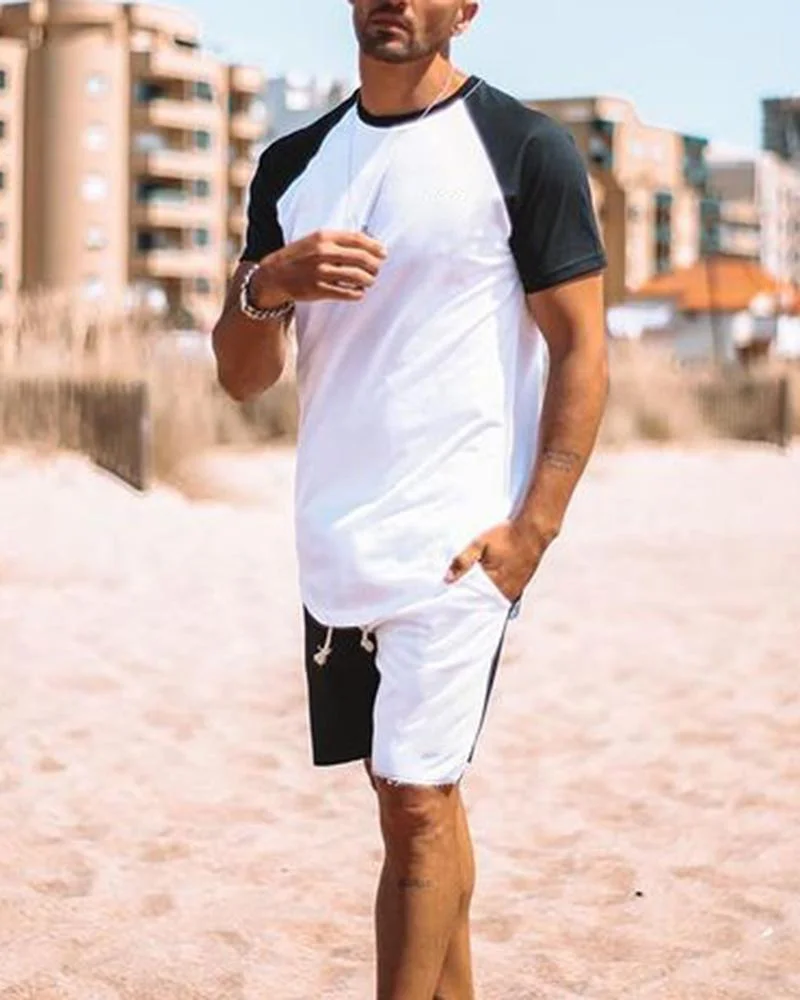 Casual Black White Color Matching Short-sleeved T-shirt Sports Suit Lace-up Shorts