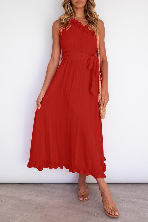 Solid One Shoulder Ruffled Tie Maxi Dress