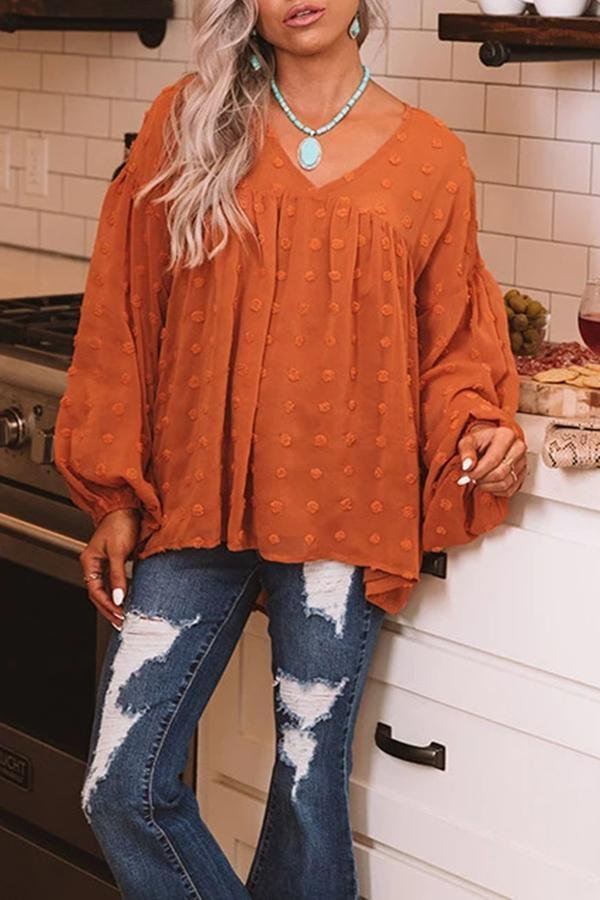 Lantern Sleeve Polka Dot V Neck Blouse-Allyzone-Allyzone