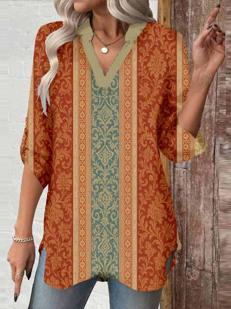 Women Bohemian,Orange,Blue DZGA0291 3/4 Sleeve V-neck Printed Graphic Button Tops