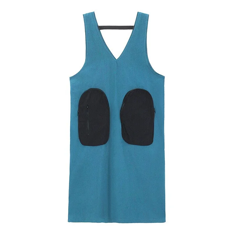 Street Loose V-neck Zipper Pockets Patchwork Sleeveless Dress      