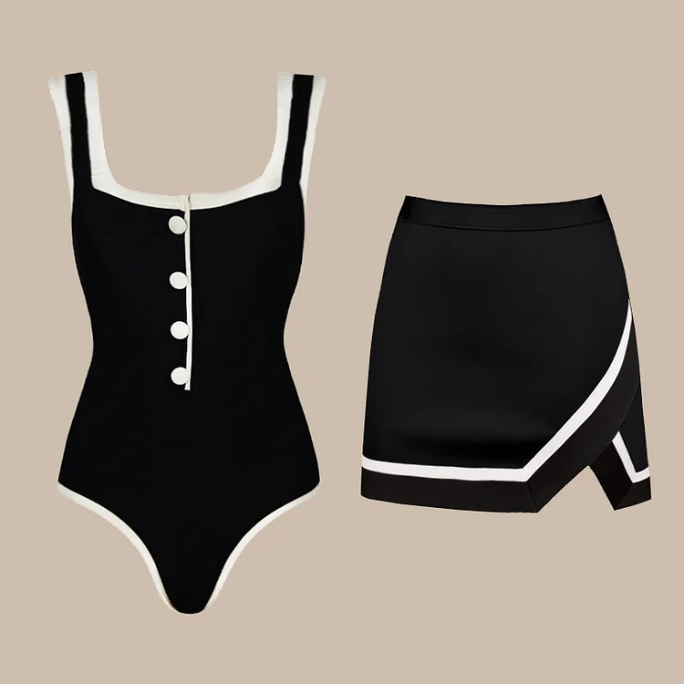 White and Black Color Block One Piece Swimsuit and Skirt
