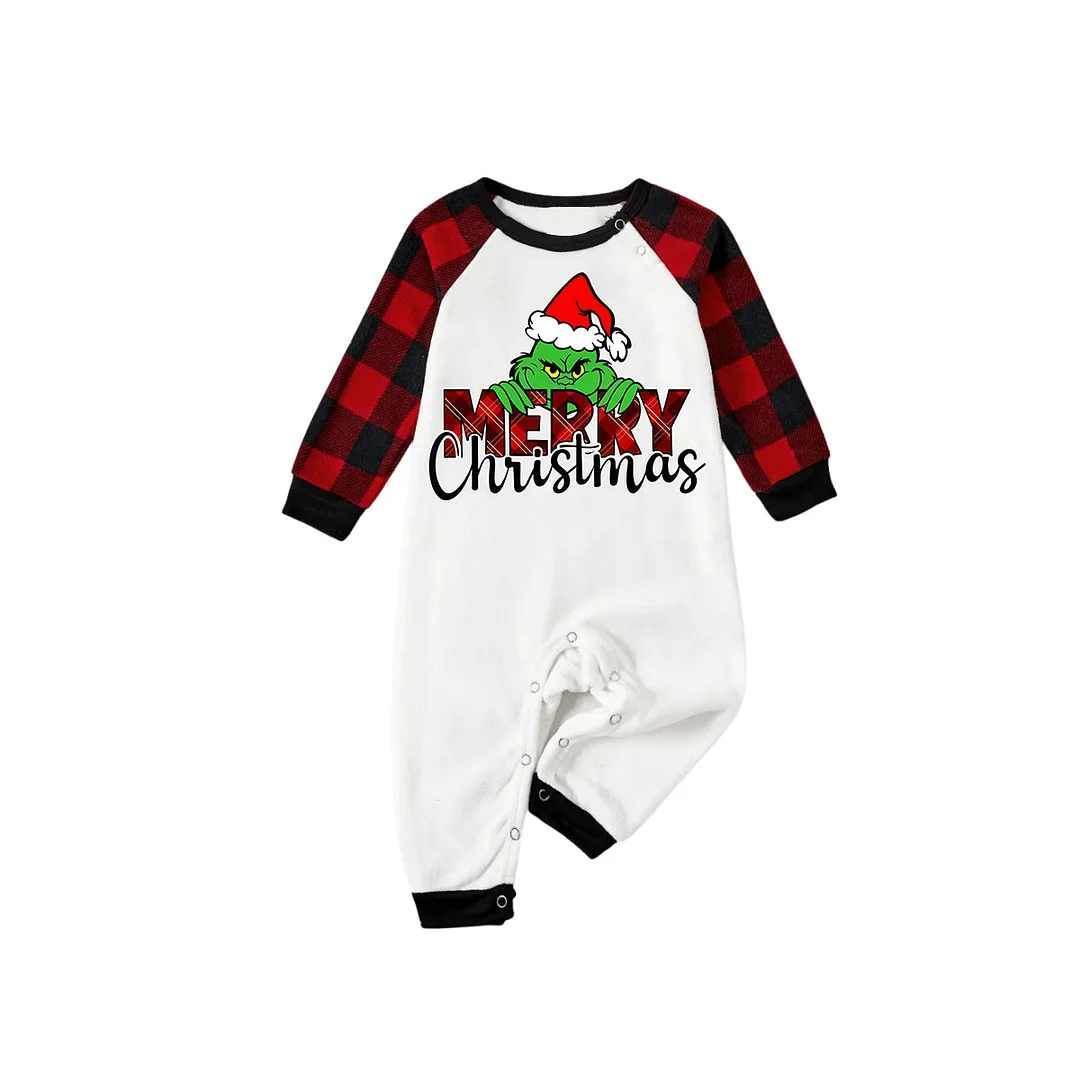 "Merry Christmas" Letter Print 2024 Green Elf Cartoon Pattern Contrast White Long Sleeve with Vintage Black and Red Plaid Pants Family Matching Pajamas