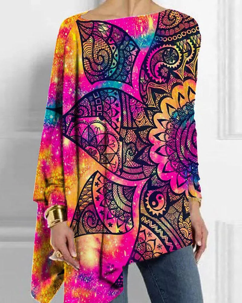 Women's tie-dye printed casual long-sleeved T-shirt-121415