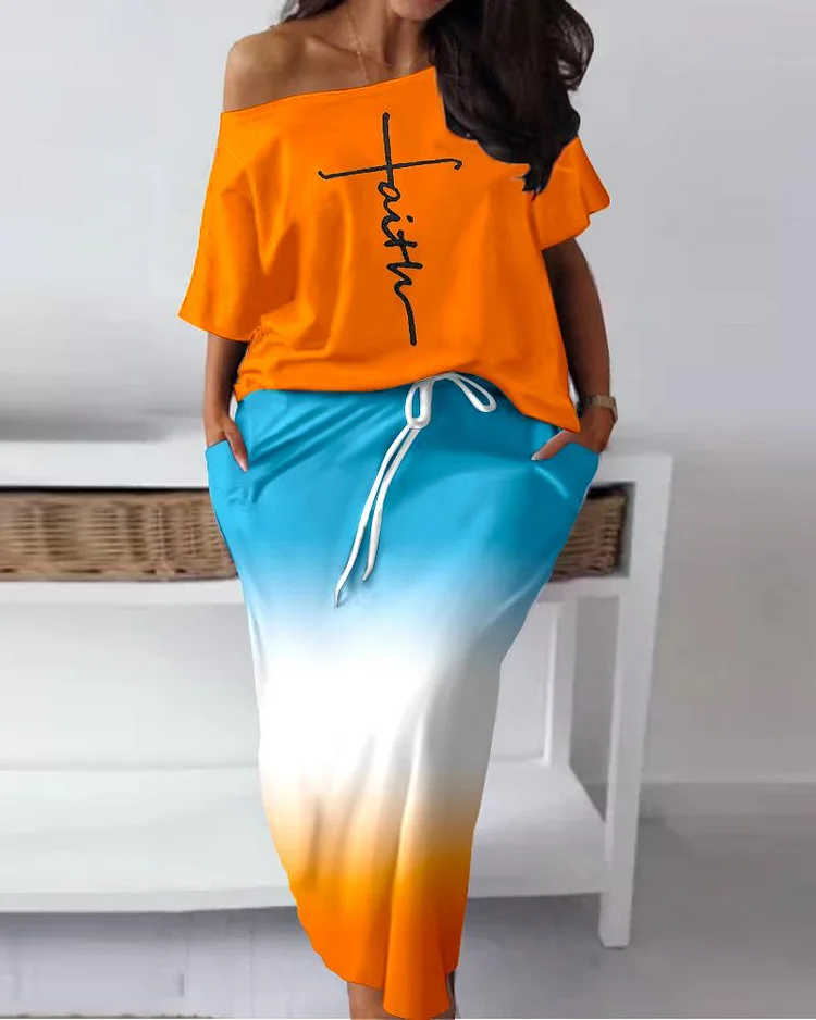 Plus Size Letter Print Top & Ombre Pocket Design Skirt Set