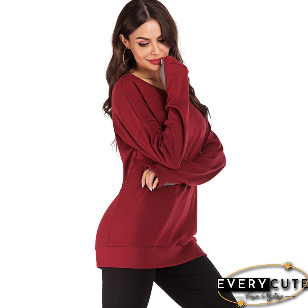 Wine Red Long Sleeve Pullover Sweatshirt