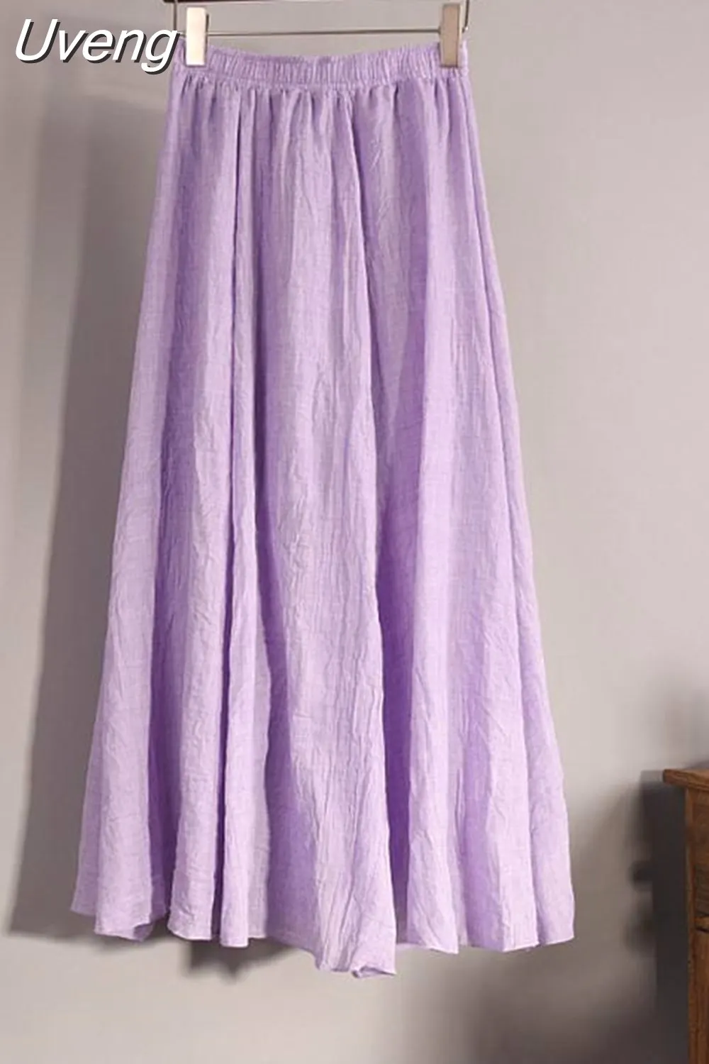 Uveng Women's Elegant 16 Color High Waist Elastic Waist Linen Pleated Long Skirts Ladies Slim Casual Skirt Saias New 2023 Summer SK05