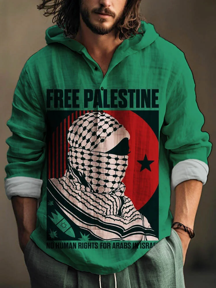 Free Palestine Print Linen Long Sleeve Hooded Shirt