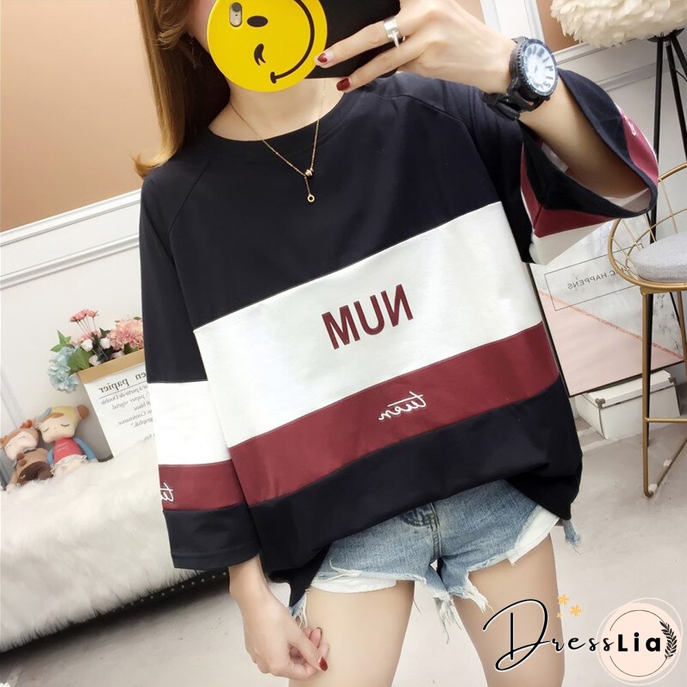 Summer Print Stripe T Shirt Women Long Sleeve Casual Elegant Ladies Tops O Neck Student Clothes Korean Street Wear New