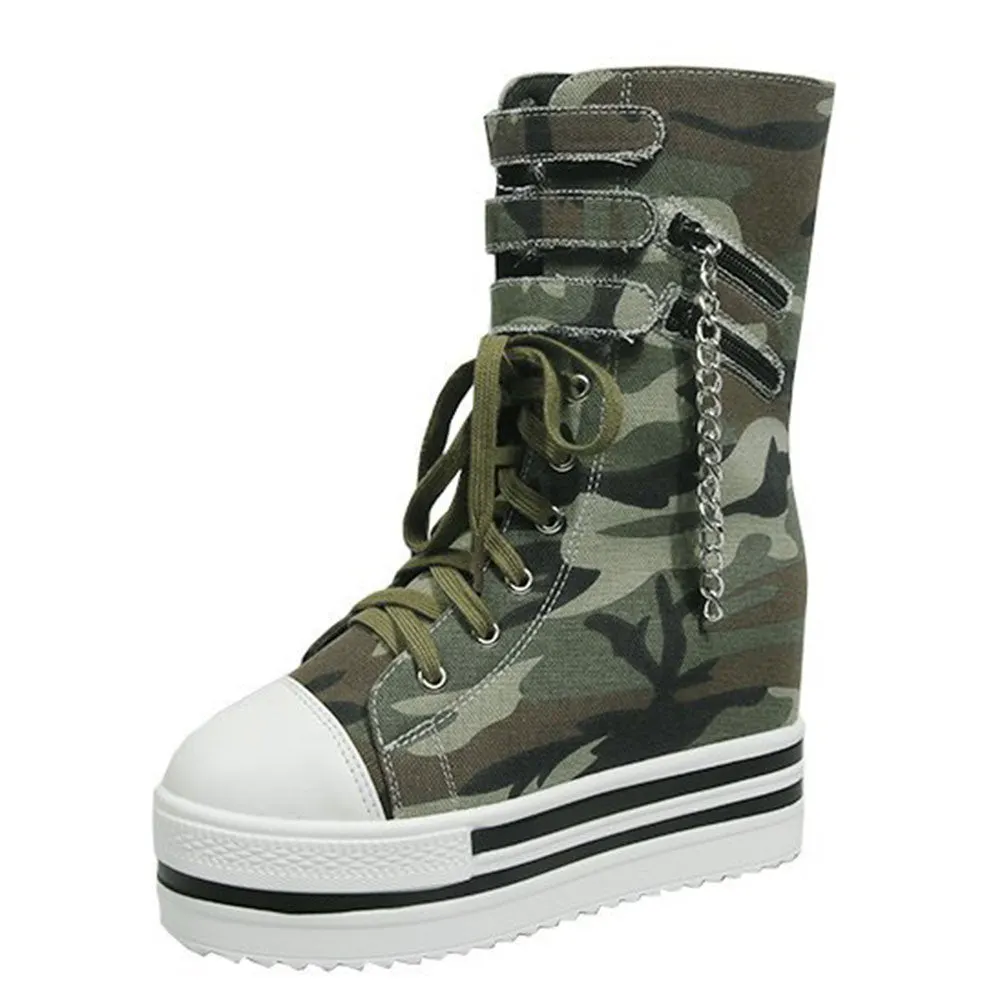Brand New Stylish Chains High Heels Height Increasing Black Camouflage Gothic Style Skidproof Platform Casual Shoes Boots Women