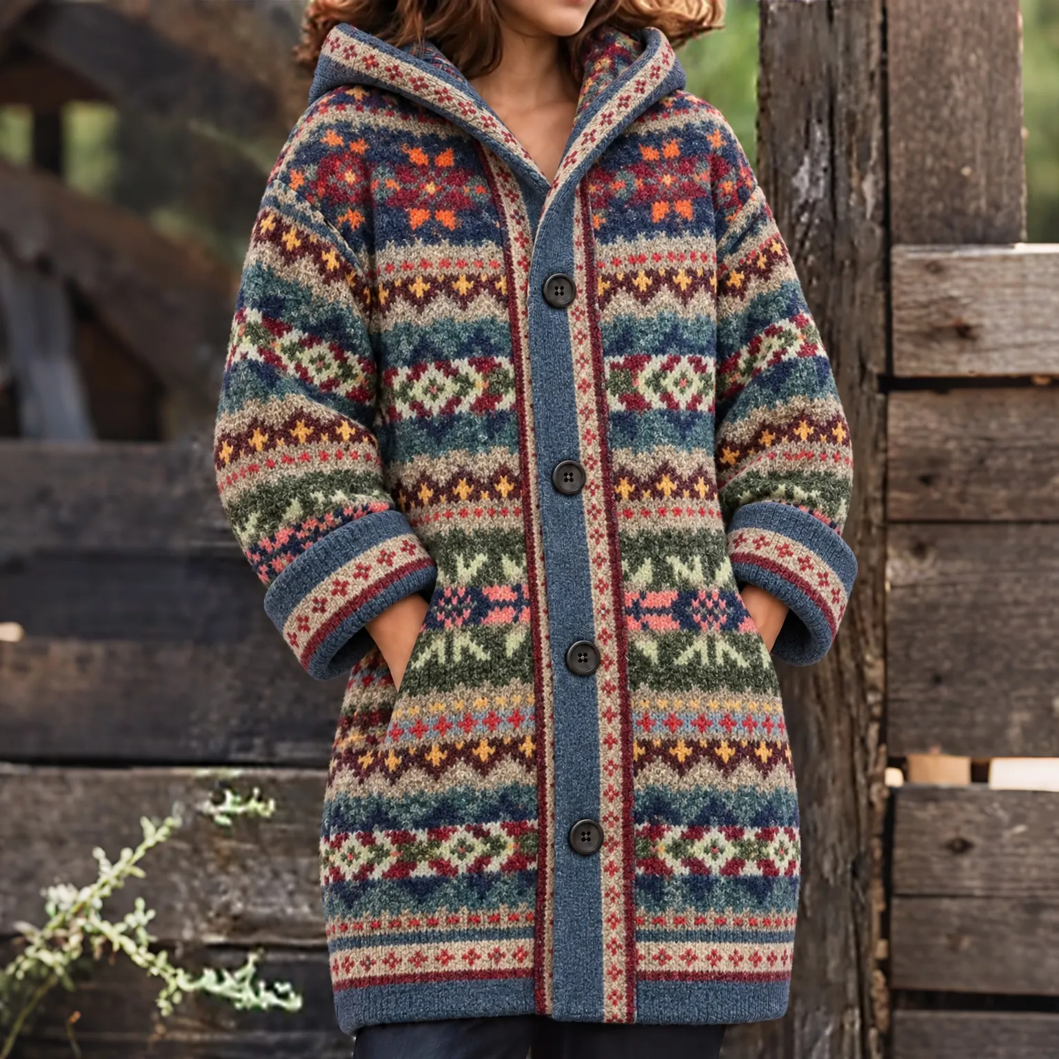 Comstylish Women's Bohemia Geometric Stripe Jacquard Thermal Hooded Cardigan