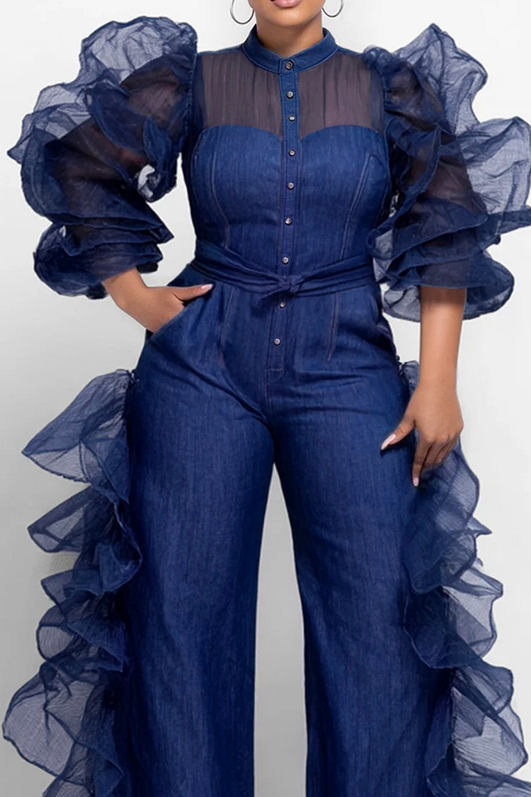 Xpluswear Design Plus Size Party Blue Round Neck Puff Sleeve 3/4 Sleeve Ruffle See Through Organza Tencel Denim Jumpsuits [Pre-Order]