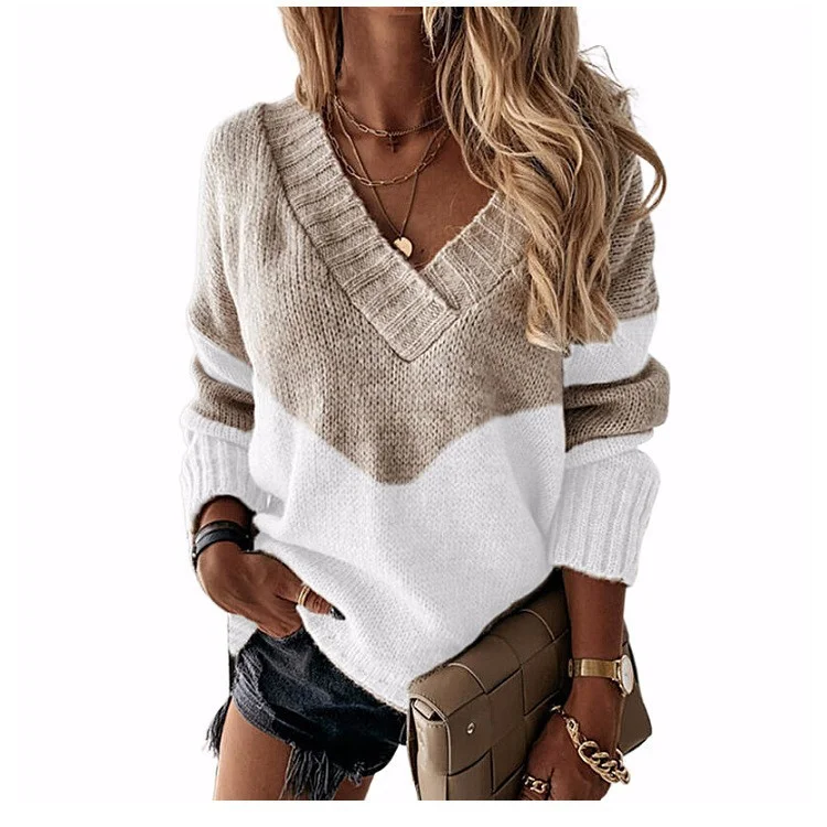 Athvotar Athvotar Autumn Women's Knitted Shirt V-Neck Splicing Long-Sleeved Simple Knitted Sweater Simple Match
