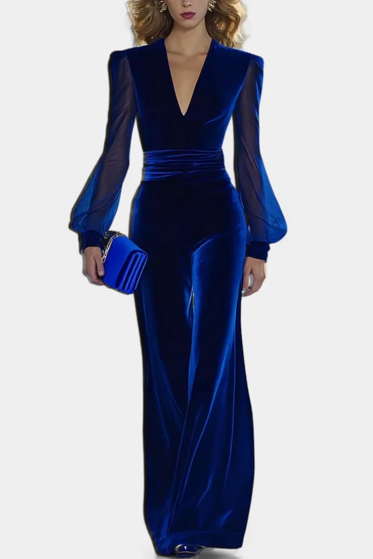 Deep V-Neck Velvet Jumpsuit with Bell Sleeves