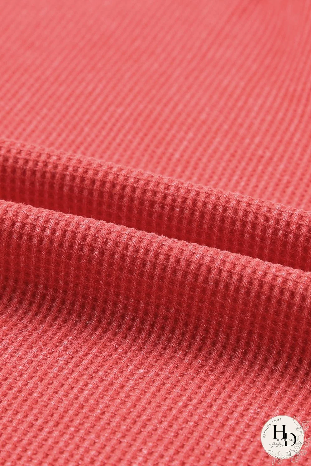 Washed Red Waffle Knit Side Slit Long Sleeve Top