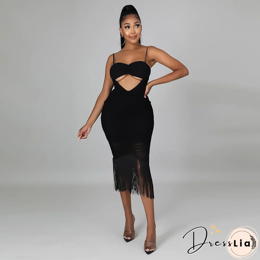 Women Sexy Solid Color Sheer Mesh Patchwork Hollow Out Tassel Spaghetti Straps Club Party Midi Dress