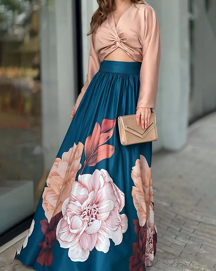 Satin Sexy Cropped Top and Printed Skirt Set