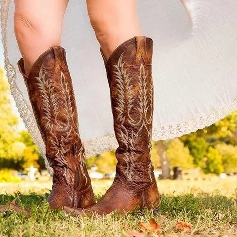 Knee High Western Cowboy Boots Pointed Toe Cowgirl Boots Vintage Country Boots  Stunahome.com