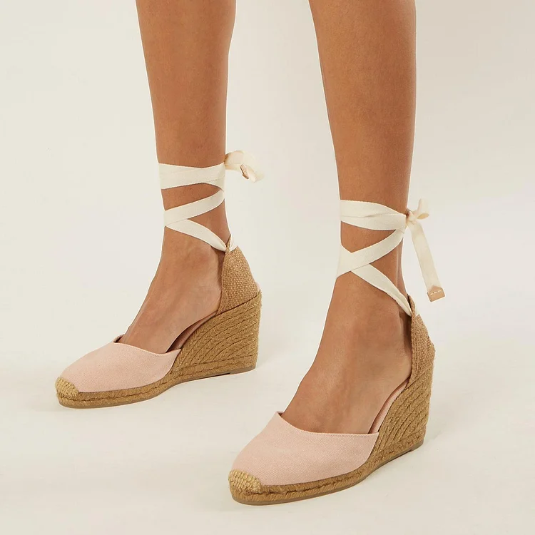 Blush Canvas Espadrille Wedges Platform Ankle Strap Sandals |FSJ Shoes