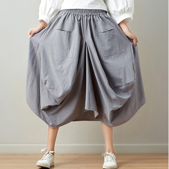 Loose Solid Color Large Pocket Lantern Skirt