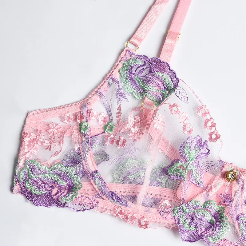 Billionm Pink Floral Lingerie Set Women Underwear Lace Transparent Bra Panties Sexy Push Up Bras Fancy Ladies Embroider Costumes for Sex