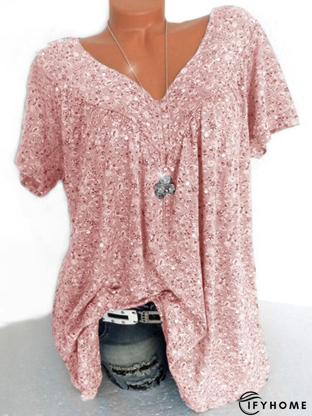 Casual V Neck Floral Short Sleeve Top | IFYHOME