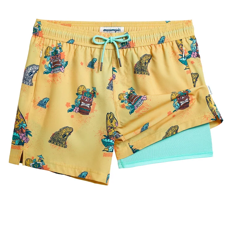 5.5 Inseam 2 in 1 Stretch Short Liner Yellow Blue Swim Shorts