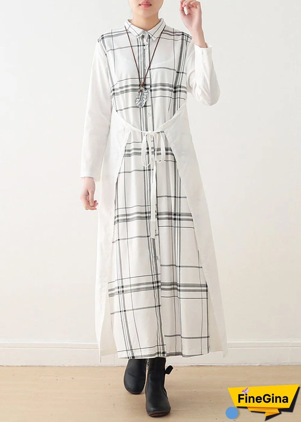 Handmade lapel tie waist cotton quilting dresses Omychic Sleeve white Plaid Maxi Dresses spring