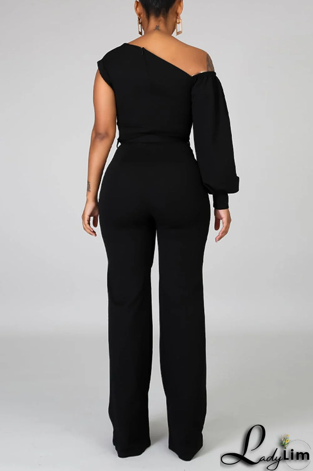 Black Fashion Casual Solid Patchwork Asymmetrical Asymmetrical Collar Straight Jumpsuits