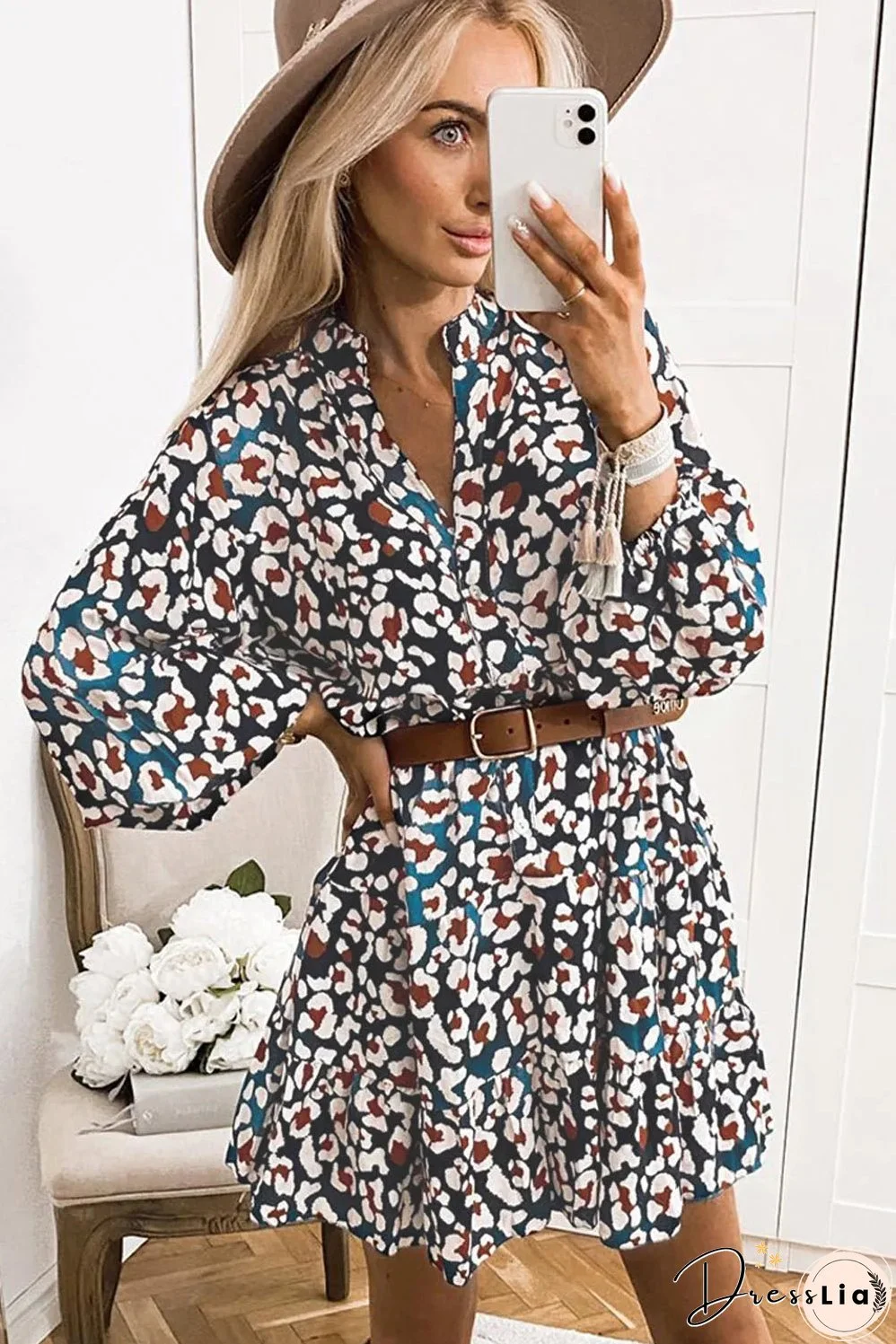 Blue Leopard Print Bubble Sleeve Ruffled Shirt Dress