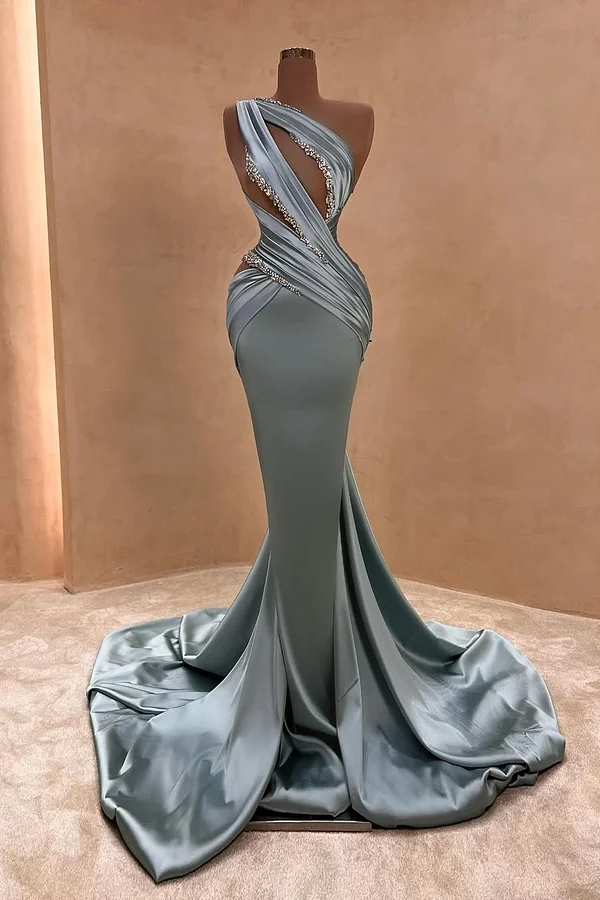 Sleeveless Halter Straps Beads Mermaid Pleated Prom Dress ZC0049