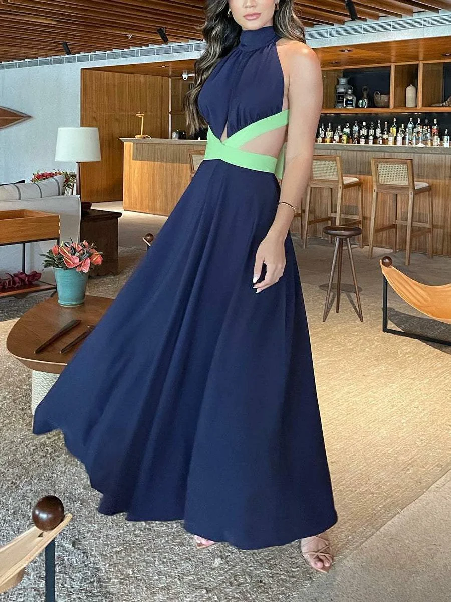 Backless Cross Colorblock Maxi Dress