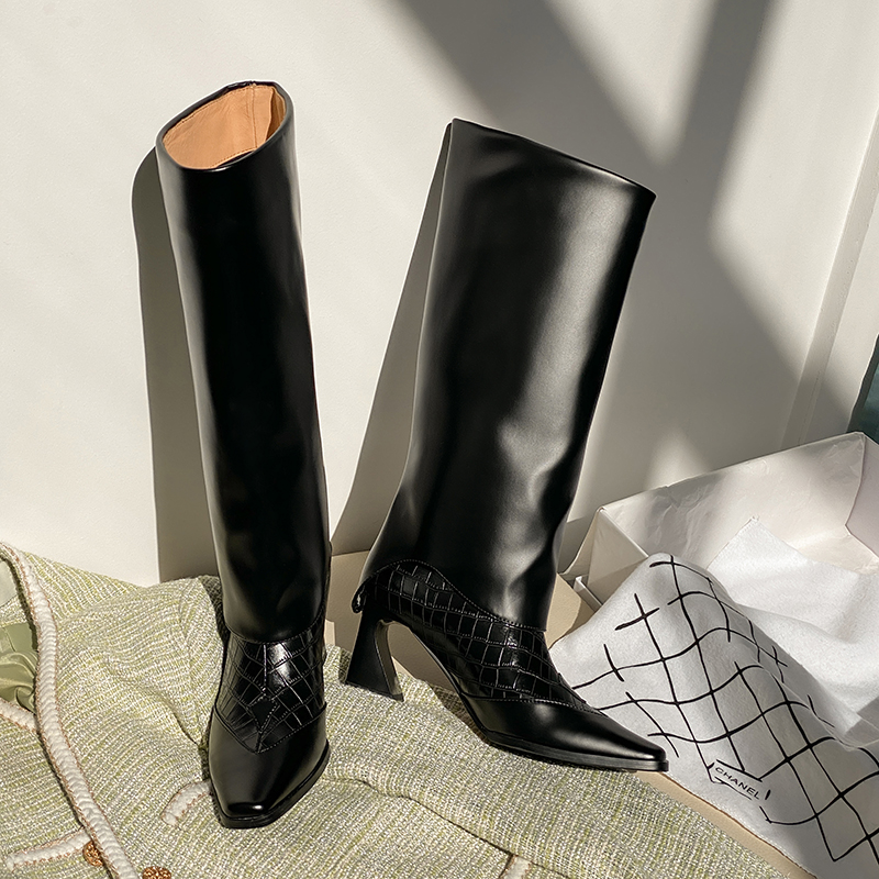 70mm Shaped Heel Square Toe Boots Black-vocosishoes