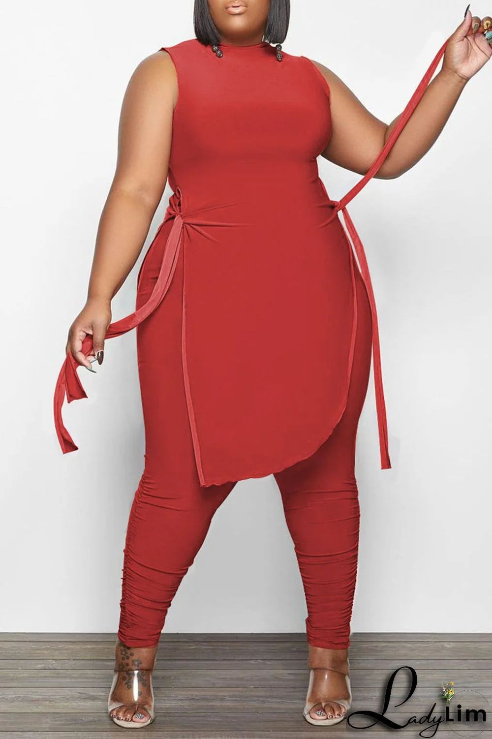 Red Casual Street Solid Split Joint Slit Asymmetrical O Neck Plus Size Two Pieces