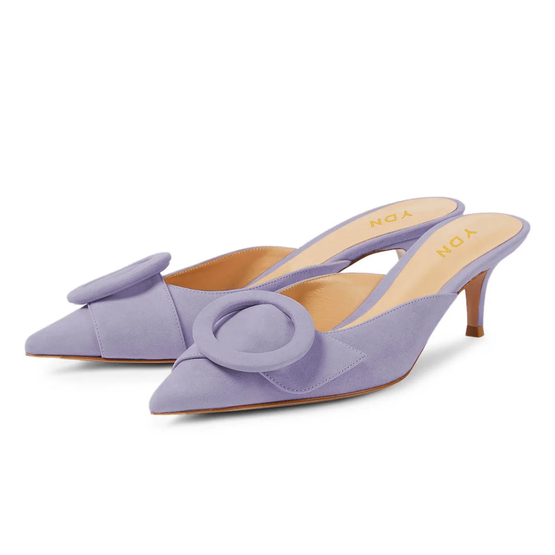 Light Purple Vegan Suede Pointed Toe Buckle Decor Mules for Women