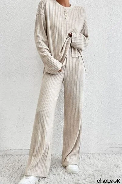 Ribbed Half Button Knit Top and Pants Set