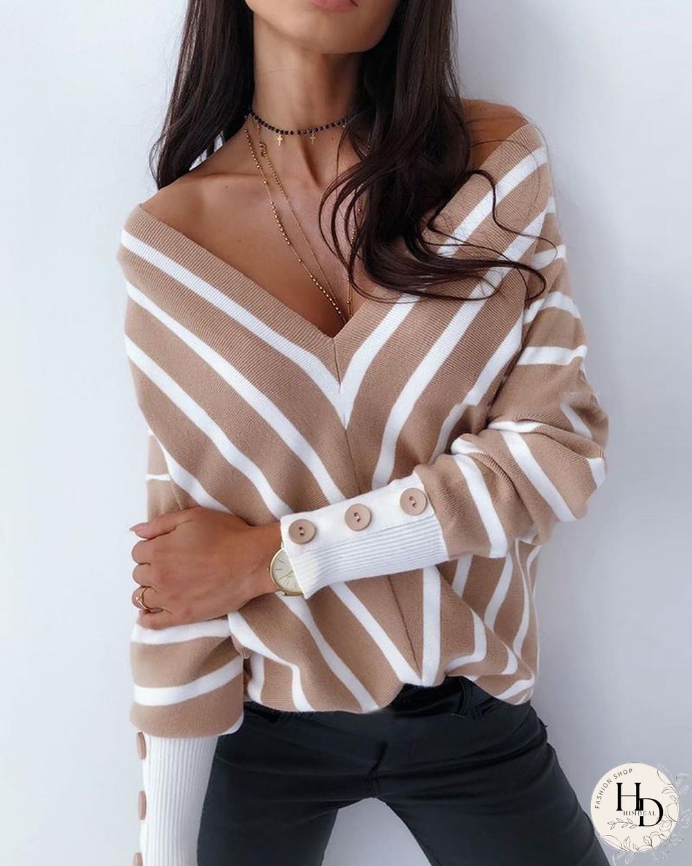 V Neck Popper Cuff Striped Casual Sweater P16131