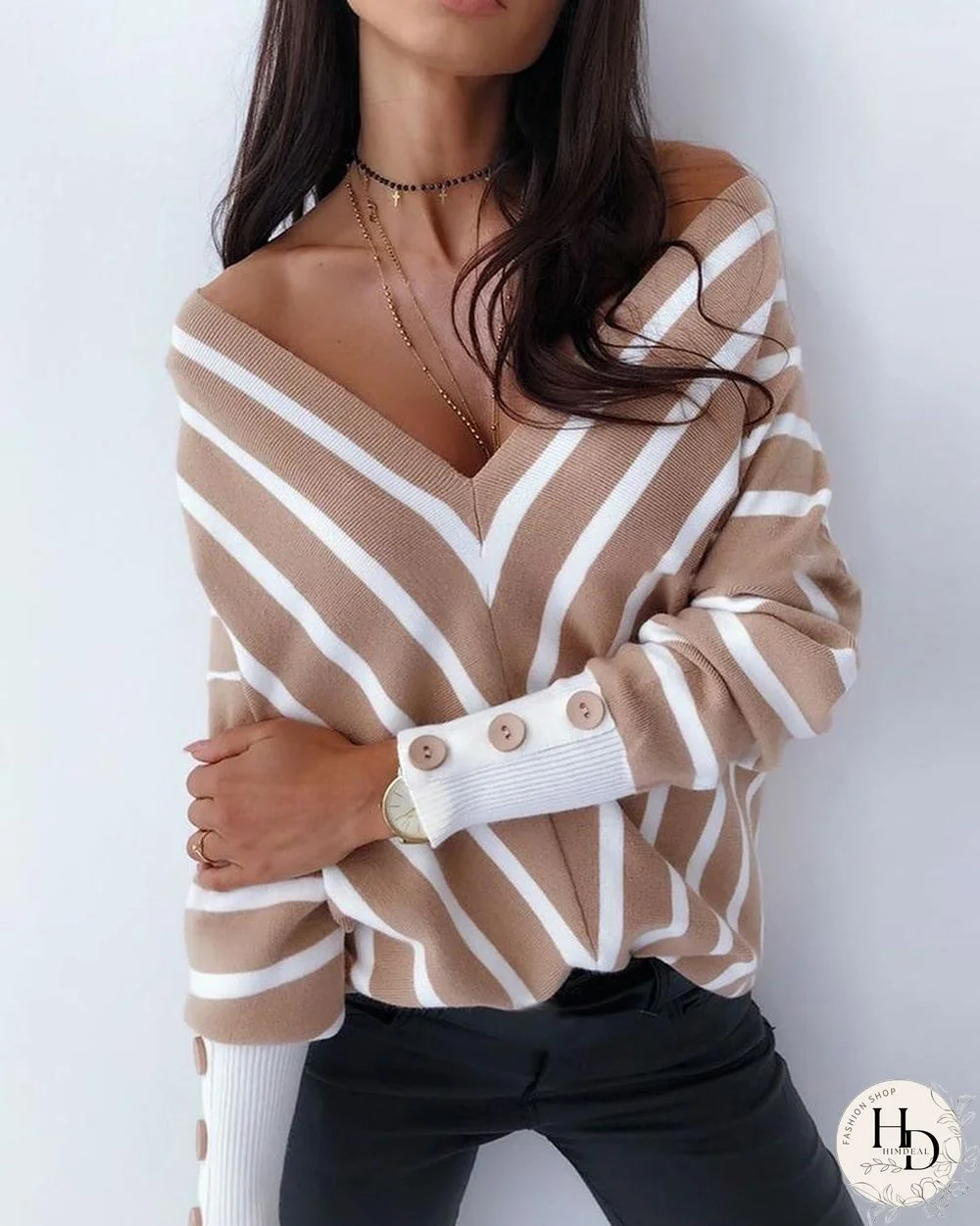 V Neck Popper Cuff Striped Casual Sweater P16131