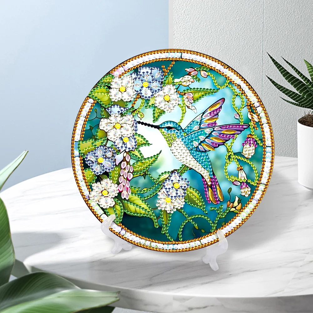 DIY Stained Glass Hummingbird Diamond Painting Wooden Single Side Crystal Painting Desktop Kit for Home Office Decor