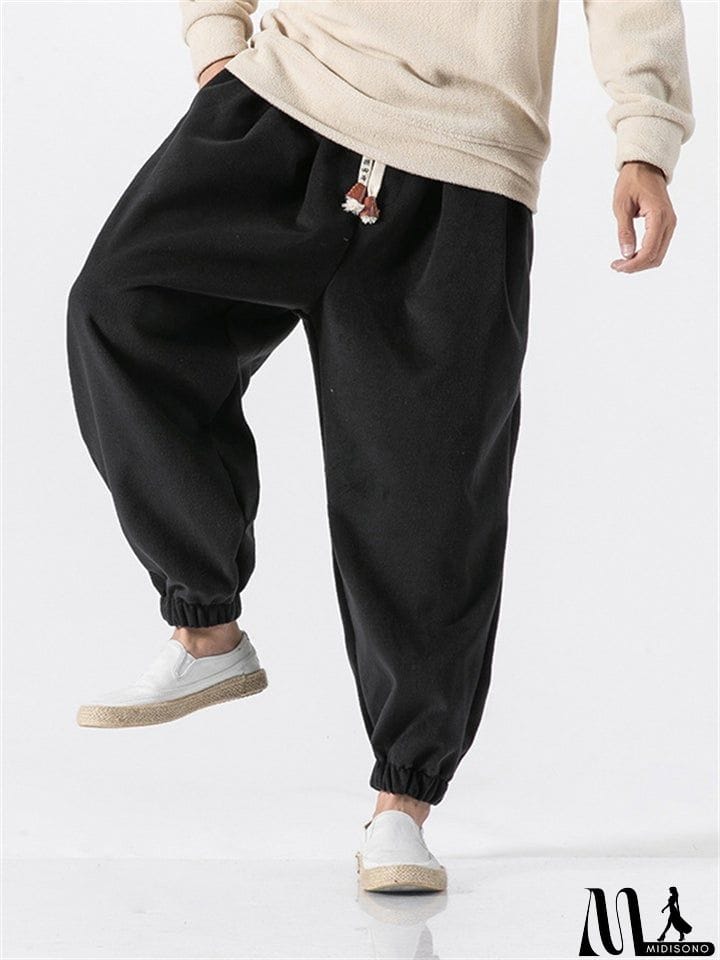 MidiSono - Men's Casual Loose Plush Thermal Drawstring Pants For Winter