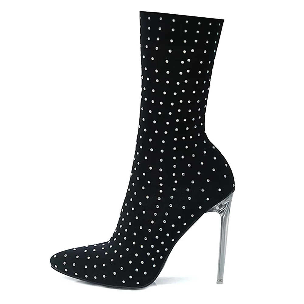 Black Pointed Toe High-heeled Polka-dot Calf Boots with Transparent Heel Nicepairs